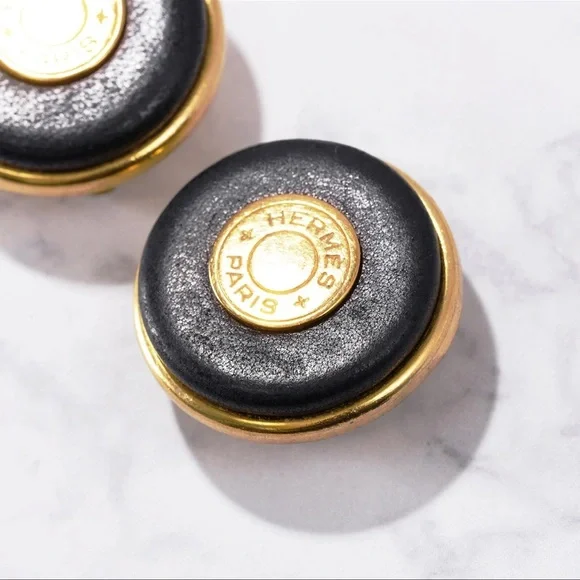 HERMES Selle Clip On Earrings Black Leather Gold Button
